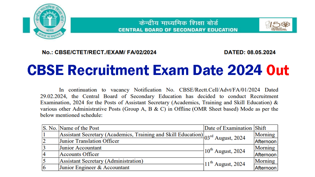 CBSE Recruitment Exam Date 2024