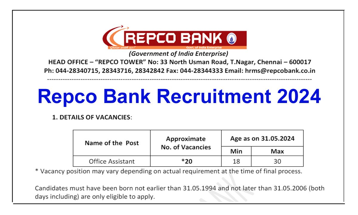 Repco Bank Office Assistant Recruitment 2024