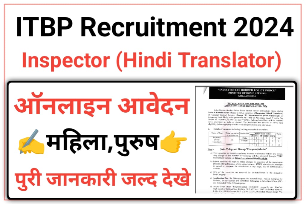 ITBP Inspector Hindi Translator Recruitment 2024