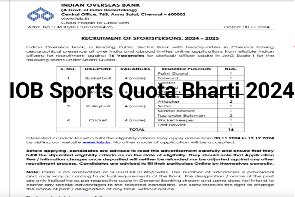 IOB Sports Quota Recruitment 2024